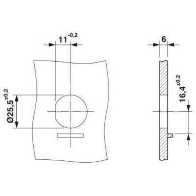 Technische Zeichnung einer Bohrung. Darstellung der Vorder- und Seitenansicht mit Maßen: Durchmesser 25,5 mm, Position 11 mm und 16 mm von den Kanten.