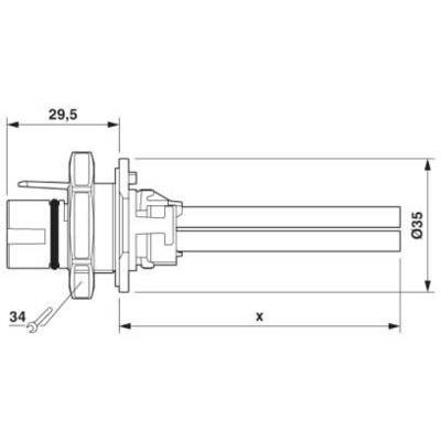 Seitliche technische Zeichnung eines elektrischen Steckers, Maße: Länge 29,5 mm, Durchmesser 35 mm; Schraubenschlüssel Nr. 34 markiert.