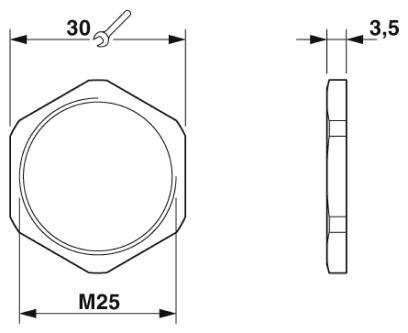 Technische Zeichnung einer Sechskantmutter: Maße 30 mm Breite, 3,5 mm Höhe, Kennzeichnung M25. Enthält einen Schraubenschlüssel.