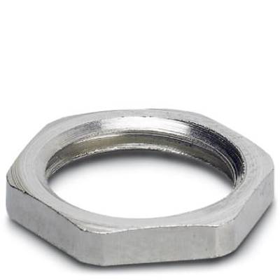 Sechskantmutter aus Metall, silberfarben, liegt auf weißem Hintergrund.