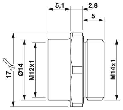 Technische Zeichnung eines zylindrischen Bauteils mit Abmessungen: Durchmesser 14 mm, Gewinde M12x1 und M14x1, Länge 5,1 mm.