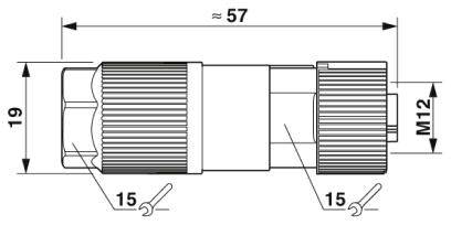 Technische Zeichnung eines zylindrischen Steckverbinders. Maße: Länge 57 mm, Durchmesser 19 mm, Gewinde M12.