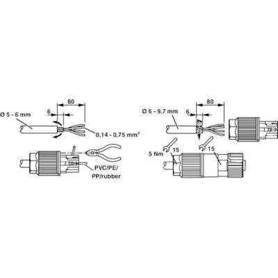 Stecker-Montageanleitung: Drahtlängen, Abisolieren (0,5-6 mm²), Klemmen ziehen, Anzugsdrehmoment 5 Nm. Materialien: PVC, PE, PP, Gummi.
