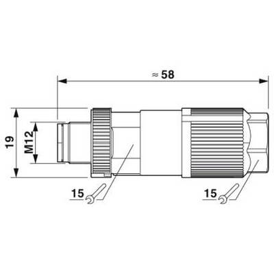 Technische Zeichnung eines Steckers mit Gewinde. Maße sind markiert: Gesamtlänge ca. 58 mm, Durchmesser M12, verschiedene Tiefen 15 mm und 19 mm.