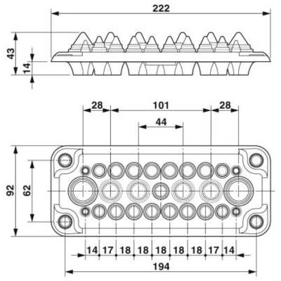 Technische Zeichnung eines Steckverbinders mit Abmessungen. Oben Seitenansicht, unten Vorderansicht mit Kreisen für Anschlüsse und Maßangaben.