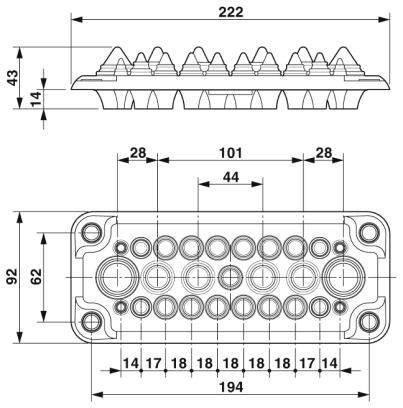 Technische Zeichnung eines Steckers mit Maßen: Länge 222 mm, Breite 92 mm, mehrere runde Anschlüsse. Maße und Anordnung detailliert angegeben.