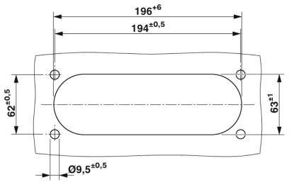 Technische Zeichnung eines rechteckigen Bauteils mit abgerundeten Ecken. Maße: 196 mm Länge, 62 mm Breite, Lochabstände 194 mm und 63 mm, Lochdurchmesser 9,5 mm.