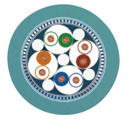 Abstraktes, kreisförmiges Design mit verschiedenen überlappenden Kreisen in Blau-, Weiß- und Orangetönen auf türkisem Hintergrund.