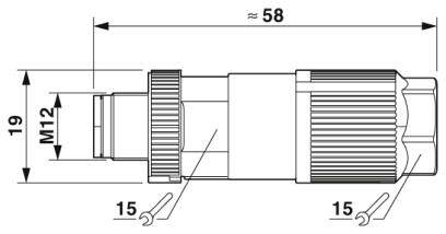 Technische Zeichnung eines Steckers: Gesamtlaenge ≈58 mm, Durchmesser M12, Huelle mit geriffeltem Griff.