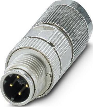 Ein silberner, zylindrischer Stecker mit mehreren Pins, geeignet für den Anschluss elektronischer Geräte.