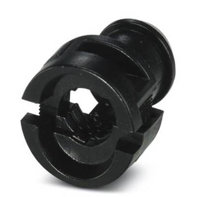 Ein schwarzes Kunststoff-Drehteil mit präziser Ausfräsung und symmetrischem Design, möglicherweise Teil eines Mechanismus.