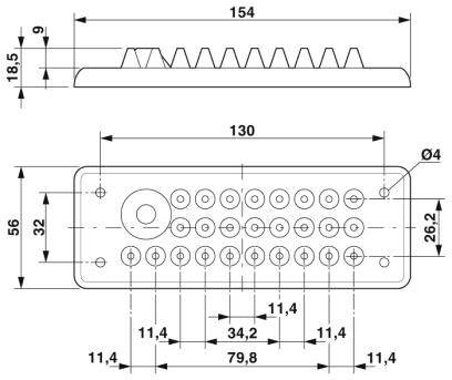 Technische Zeichnung eines Bauteils mit Maßen in Millimetern. Oben Seitenansicht. Unten Draufsicht mit Lochanordnung und Abmessungen.