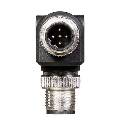 Ein schwarzer, quadratischer elektrischer Stecker mit Metallgewinde und fünf Pins, von vorne gesehen.