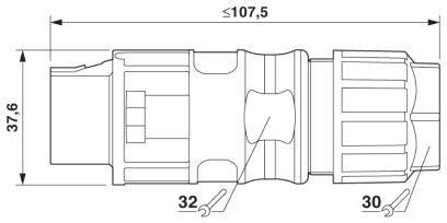 Technische Zeichnung eines Steckverbinders mit Maßen: Länge ≤107,5 mm, Höhe 37,6 mm, Details bei 32 mm und 30 mm Markierungen.