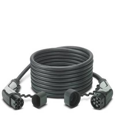 Ein langes, schwarzes Ladekabel für Elektrofahrzeuge mit zwei Steckern an den Enden, aufgerollt und für das Laden zwischen Fahrzeug und Ladesäule vorgesehen.