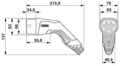Technische Zeichnung eines Steckertyps mit Maßen: Länge 215,9 mm, Breite 63 mm, Höhe 137 mm. Zeigt Seiten- und Vorderansicht.