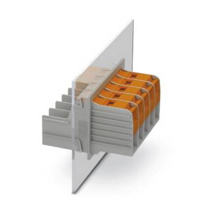 Ein Mehrfachsteckverbinder mit transparentem und orangefarbenem Gehäuse, montiert auf einer Platte, zeigt seitliche Anschlussmöglichkeiten.