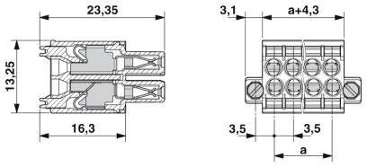 Technische Zeichnung eines elektrischen Steckverbinders mit Maßangaben in Millimetern. Zeigt Draufsicht und Querschnittsansicht.