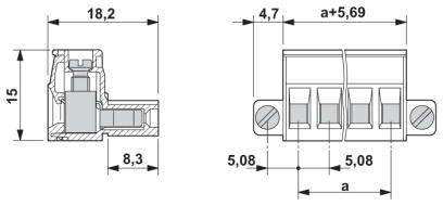 Schnitt- und Draufsicht einer elektrischen Klemme mit Abmessungen: Breite 18,2 mm, Tiefe 8,3 mm, Höhe 15 mm und Teilung 5,08 mm.