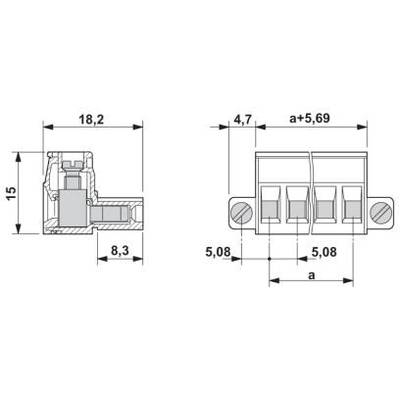 Technische Zeichnung eines Steckverbinders mit Maßen: Höhe 15 mm, Länge 18,2 mm, Breite 8,3 mm. Schraubverbindungen bei 5,08 mm.