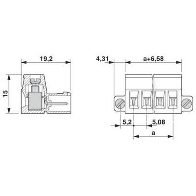 Technische Zeichnung einer Elektronikklemme mit Maßen: Höhe 15 mm, Breite 19,2 mm, und Detailansicht der Klemmenanordnung.