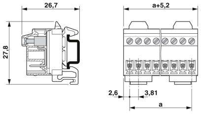 Technische Zeichnung eines elektrischen Bauteils mit Maßen: Breite 26,7 mm, Höhe 27,8 mm, Tiefe 5,2 mm. Zeigt Anschlussdetails.