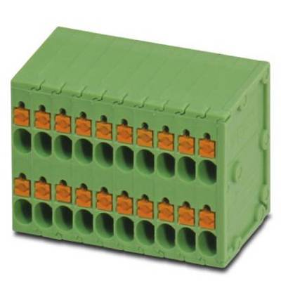 Ein grüner, mehrreihiger elektrischer Anschlussblock mit orangenen Klemmen, zur Verbindung von elektrischen Leitern verwendet.