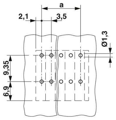 Technische Zeichnung von zwei wellenförmigen Platten mit Maßangaben. Lochdurchmesser: Ø1,3, Abstände: 2,1, 3,5, 6,9, 9,35.