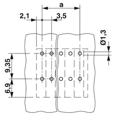 Technische Zeichnung von zwei wellenförmigen Platten mit Maßangaben. Lochdurchmesser: Ø1,3, Abstände: 2,1, 3,5, 6,9, 9,35.