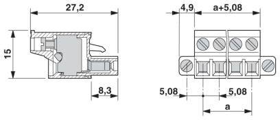 Technische Zeichnung eines Steckverbinders mit Maßen: Länge 27,2 mm, Höhe 15 mm, Breite 8,3 mm; Kontaktabstände 5,08 mm.