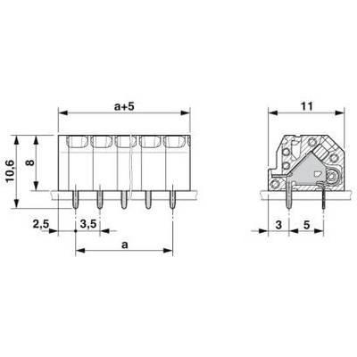 Technische Zeichnung eines Steckverbinders mit Maßangaben: Breite 'a', Höhe 10,6 mm, Tiefe 11 mm, Kontaktabstand 3,5 mm.