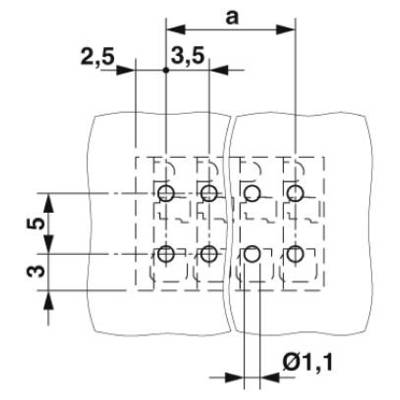 Technische Zeichnung zweier aneinandergrenzender, gelochter Platten mit Maßangaben: Abstand 2,5 und 3,5 mm zwischen Löchern, Durchmesser 1,1 mm.