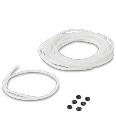 Eine Rolle aus weißem Plastikband mit fünf kleinen schwarzen O-Ringen daneben, vermutlich für eine technische Anwendung.