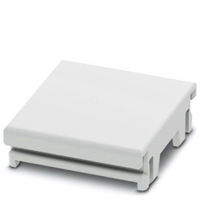 Weißer Kunststoffdeckel mit quadratischer Form und abgerundeten Ecken, geeignet zur Abdeckung von elektrischen Bauteilen.