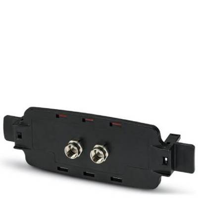 Schwarzes Kunststoffgehäuse mit zwei metallischen Steckverbindern, vermutlich Teil eines elektrischen Geräts oder Verbindungselements.