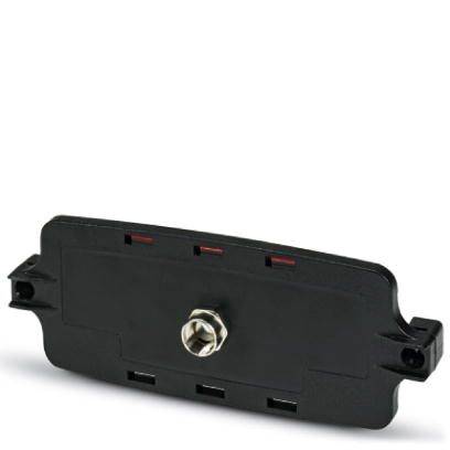 Schwarzes Kunststoffgehäuse in rechteckiger Form mit einer zentralen Sechskantschraube, verwendet zur mechanischen oder elektrischen Verbindung.