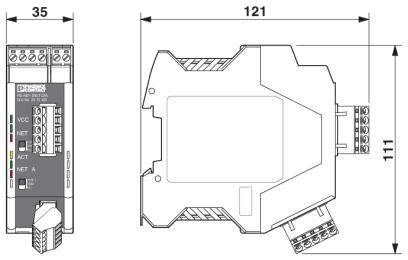 'Technische Zeichnung eines Geräts mit Abmessungen 35x121x111 mm.'