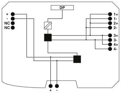 Schematische Darstellung eines Stromschaltplans mit Beschriftungen 'DP', 'NC', Verbindungslinien und Anschlussklemmen 1+ bis 4-.
