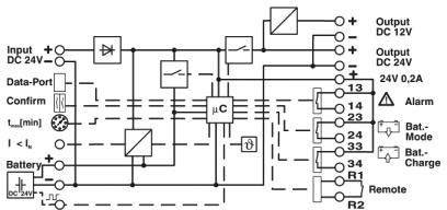Schaltplan eines elektrischen Systems zur Stromregelung und Überwachung, mit mehreren Verbindungen und Sicherheitsfunktionen.
