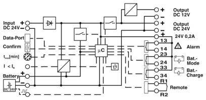 Schaltplan eines DC-Stromversorgungssystems mit Mikrocontroller, Anschlüssen für Eingänge/Ausgänge, Alarmanzeige und Batterieoptionen.