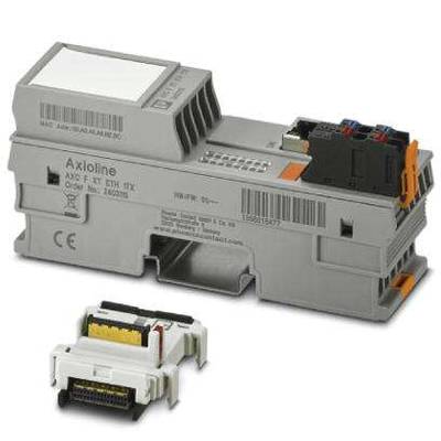 Ein graues elektrisches Modul mit der Aufschrift 'Axioline' und den Anschlüssen oben. Ein kleinerer Steckadapter liegt daneben.