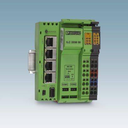 'ILC 2050 BI' Steuerungsmodul von Phoenix Contact mit mehreren Anschlussports und LEDs, geeignet für industrielle Automation.