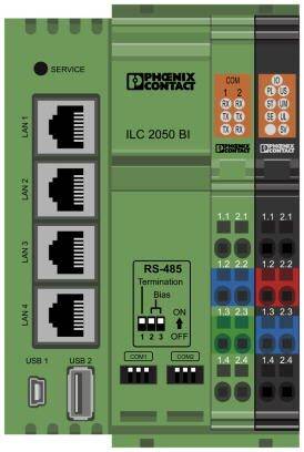 Ein grüner Industrie-Controller mit mehreren LAN-Ports, USB-Anschlüssen und RS-485-Anschlüssen. Beschriftet 'Phoenix Contact ILC 2050 BI'.