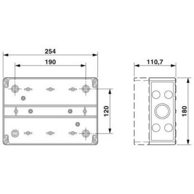 Technische Zeichnung eines rechteckigen Geräts mit den Maßen: Breite 254 mm, Tiefe 110,7 mm, Höhe 180 mm.