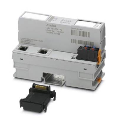 Ein graues elektrisches Modul mit mehreren Anschlüssen und Steckplätzen, verwendet für die industrielle Automatisierungstechnik.