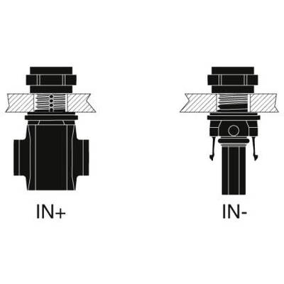 Diagramm zeigt zwei Ventile: links 'IN+', rechts 'IN-'. Beide haben Pfeile, die den Fluss anzeigen. Links geschlossen, rechts geöffnet.