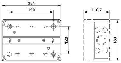 Technische Zeichnung eines rechteckigen Gehäuses mit Abmessungen: 254x120mm und 180x110,7mm Seitenansicht, zeigt Bohrungen.