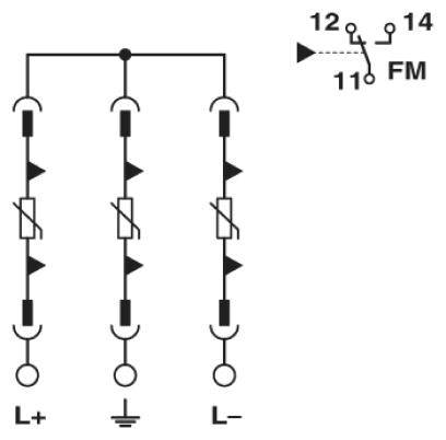 Elektrisches Schaltbild zeigt drei parallele Schaltkreise mit Dioden und Widerständen. Oben rechts: Umschaltsymbol mit Kennzeichnung 'FM', Pins 11, 12, 14.