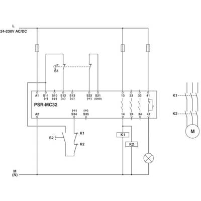 'Diagramm eines elektrischen Schaltplans: Ein PSR-MC32-Modul mit Verbindungen zu Schaltern, Relais und Motor. Spannung: 24-230V AC/DC.'