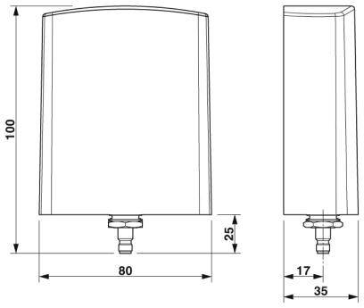 Zeichnung eines rechteckigen Wasserhahnventils mit Maßen: Breite 80 mm, Höhe 100 mm, Tiefe 35 mm. Seiten- und Frontalansicht.